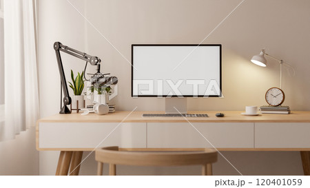 A cozy, minimalist home office featuring podcast equipment, a computer with a white screen mockup. A cozy, minimalist home office featuring podcast equipment, a computer with a white screen mockup. 120401059