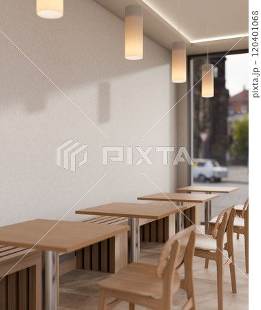 A minimalist and comfortable coffee shop features a row of minimalist wooden table and chair. A minimalist and comfortable coffee shop features a row of minimalist wooden table and chair. 120401068