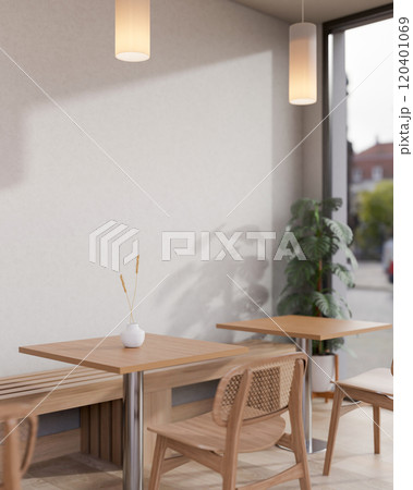 A minimalist Japandi coffee shop showcases wooden tables and chairs arranged by large windows. A minimalist Japandi coffee shop showcases wooden tables and chairs arranged by large windows. 120401069