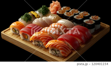 A gourmet Japanese sushi platter with a variety of fish, perfectly arranged on a wooden board, minimalist design 120401154