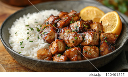 Filipino adobo with chicken, marinated in soy sauce, vinegar, garlic, and spices, served with white rice 120401225
