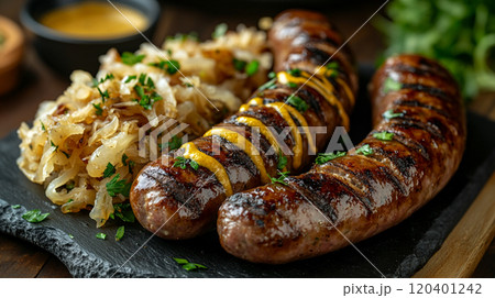 German bratwurst sausage with sauerkraut and mustard, served with a pretzel and a side of potato salad 120401242