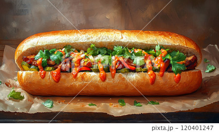 Vietnamese banh mi sandwich with pork, pickled vegetables, cilantro, and spicy mayo in a crusty baguette 120401247