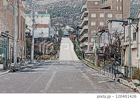 海岸より道路から日和坂を望む函館の街 120401426