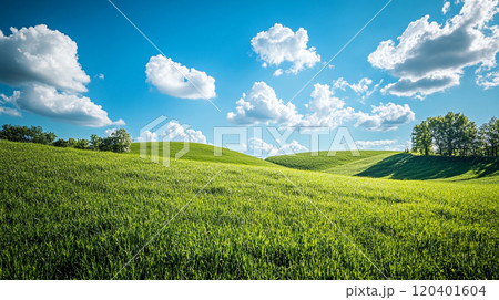 Rolling green hills under a bright blue sky, minimal clouds, and a large open foreground with room for text or designs. 120401604