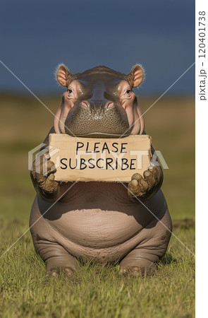 please subscribeと書かれた看板を持っているカバ 120401738