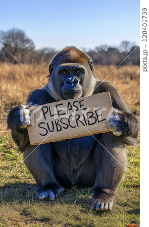 please subscribeと書かれた看板を持っているゴリラ 120401739