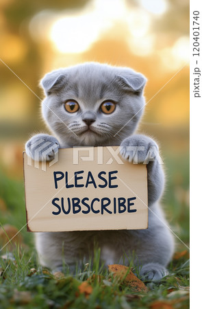 please subscribeと書かれた看板を持っているスコティッシュフォールド 120401740