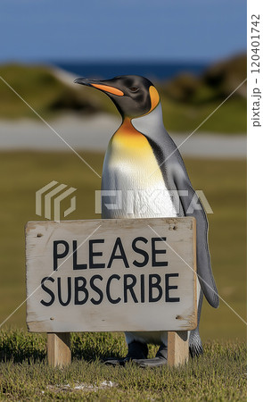 please subscribeと書かれた看板を持っているペンギン 120401742