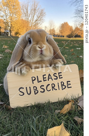 please subscribeと書かれた看板を持っているホーランドロップイヤー 120401743