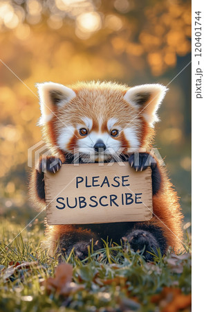 please subscribeと書かれた看板を持っているレッサーパンダ 120401744