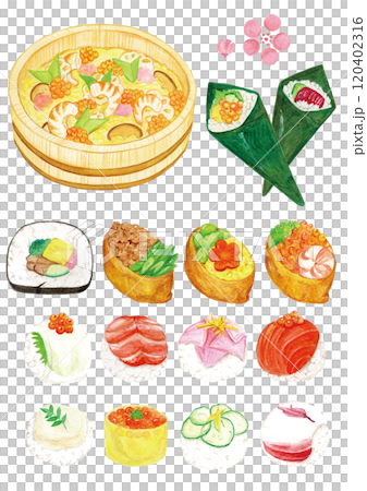 Hand drawn watercolor illustration set of various celebratory sushi 120402316