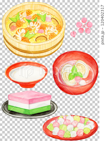 手描き水彩のひな祭り食べ物イラストセット（ちらし寿司・ひなあられ・菱餅・お吸い物・白酒） 120402317