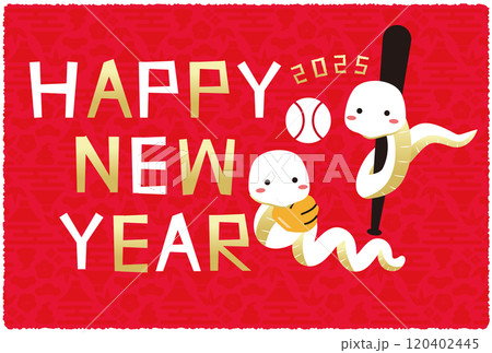 Happy New Year 2025年賀状 赤バック横　金白蛇　二刀流 120402445