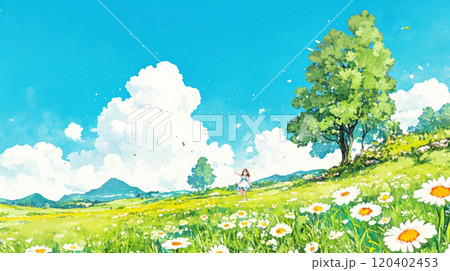 【風景・壁紙】晴天の下の花畑 120402453