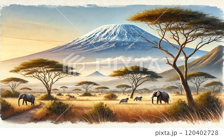 タンザニアのキリマンジャロ山とサバンナの風景 タンザニアのキリマンジャロ山とサバンナの風景 120402728