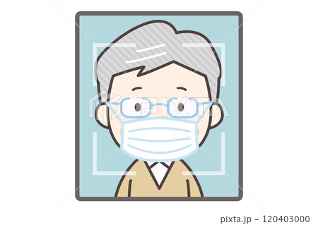 顔認証をするマスクをしたおじいちゃん 120403000