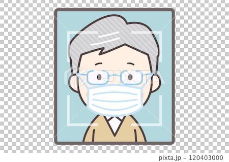 顔認証をするマスクをしたおじいちゃん 120403000