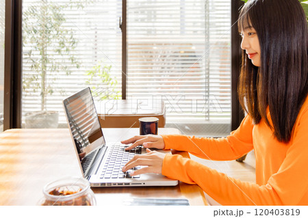 ノートパソコンを使う若い女性 120403819
