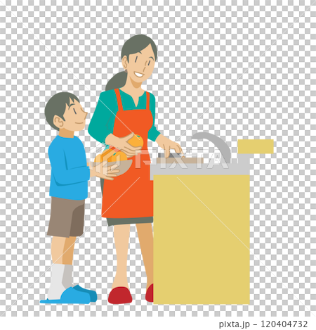 父母和孩子在廚房切水果 120404732