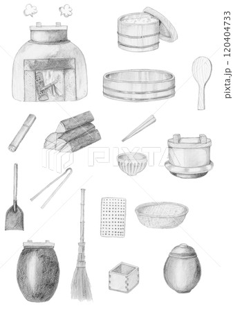 手描き鉛筆の昔ながらの台所道具のイラストセット 手描き鉛筆の昔ながらの台所道具のイラストセット 120404733