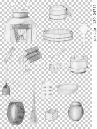手描き鉛筆の昔ながらの台所道具のイラストセット 手描き鉛筆の昔ながらの台所道具のイラストセット 120404733