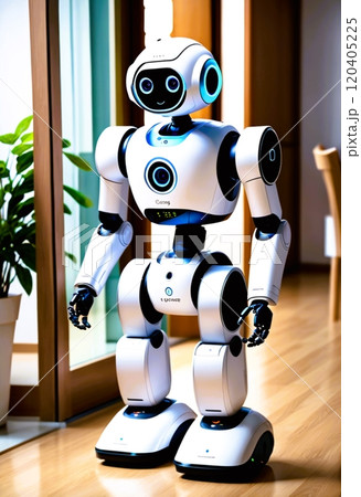 フローリングのリビングに立ち外を眺めるAIロボット 120405225