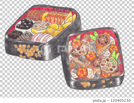 Illustration of seasonal dishes in a box 120405230
