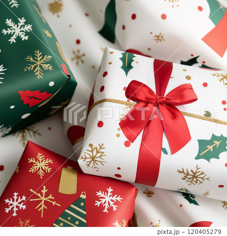 Close up of many Christmas presents with ribbons and cute traditional festive pattern in red, green, gold and white color tones, top view. AI generated. Close up of many Christmas presents with ribbons and cute traditional festive pattern in red, green, gold and white color tones, top view. AI generated. 120405279