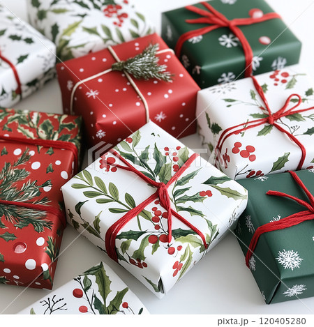 Close up of many Christmas presents with ribbons and cute traditional festive holly pattern in red, green and white color tones, top view. AI generated. 120405280