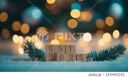Christmas and New Year seasonal template design with decorations and copy space for social media post. Cute wooden cubes with text "HNY 2025", pine branches, snowy and bokeh background. AI generated. 120405281