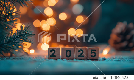 Christmas and New Year seasonal template design with decorations and copy space for social media post. Cute wooden cubes with text "HNY 2025", pine branches, snowy and bokeh background. AI generated. 120405282