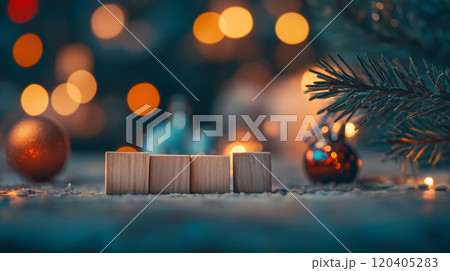 Christmas and New Year seasonal template design with decorations and copy space for social media post. Cute blank 4 wooden cubes, pine branches, snowy ground and bokeh background. AI generated. Christmas and New Year seasonal template design with decorations and copy space for social media post. Cute blank 4 wooden cubes, pine branches, snowy ground and bokeh background. AI generated. 120405283