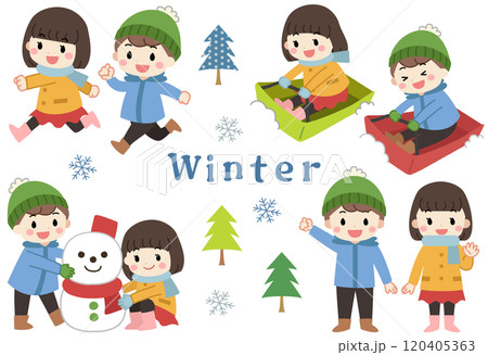 冬に雪遊びをする子供たちのイラストアイコンセット 120405363