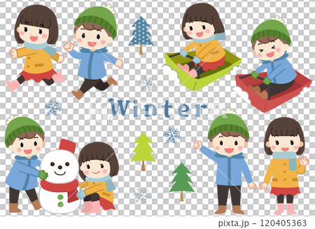冬に雪遊びをする子供たちのイラストアイコンセット 120405363
