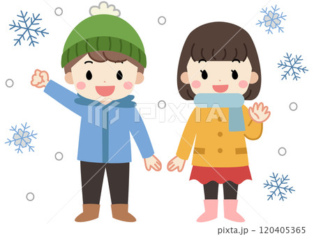 冬の雪の中でポーズをとる子供達のイラスト 120405365