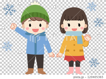 冬の雪の中でポーズをとる子供達のイラスト 120405365