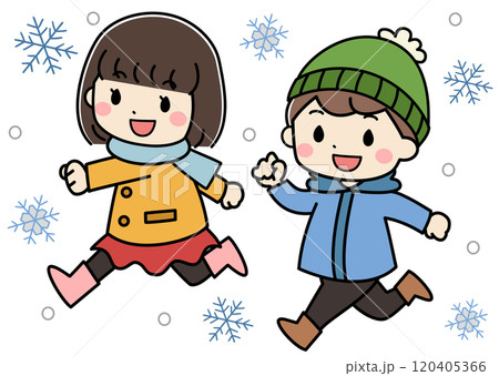 冬の日に雪の中を走る子供達のイラスト 120405366