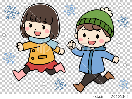 冬の日に雪の中を走る子供達のイラスト 120405366