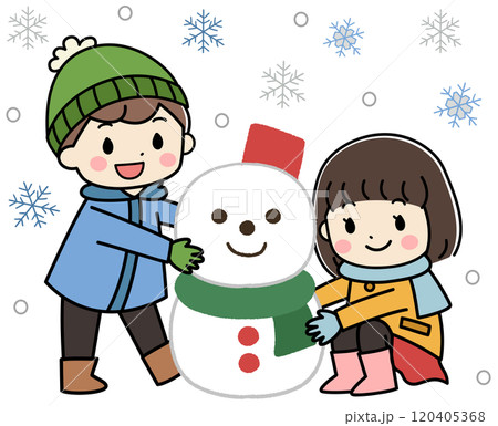 冬の日に雪だるまを作る子供達のイラスト 120405368
