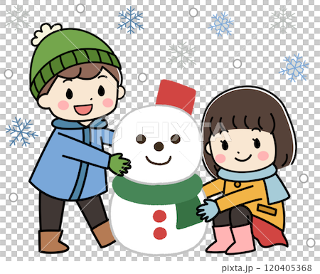 冬の日に雪だるまを作る子供達のイラスト 120405368