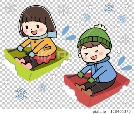 Illustration of kids sledding in the snow in winter 120405370