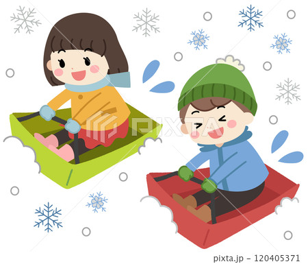 冬の雪の中でソリ遊びをする子供達のイラスト 120405371