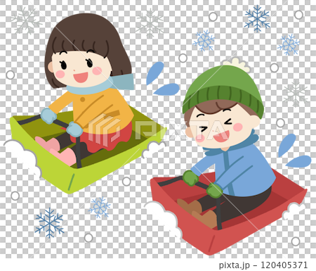 冬の雪の中でソリ遊びをする子供達のイラスト 120405371
