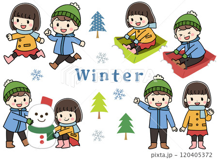 冬に雪遊びをする子供たちのイラストアイコンセット 120405372
