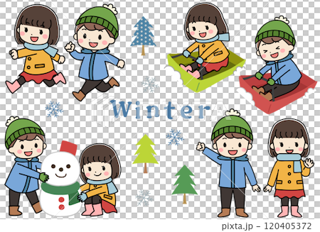 冬に雪遊びをする子供たちのイラストアイコンセット 120405372