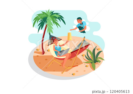 A girl shopping online at a beach 120405613