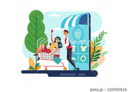 The couple goes shopping chart in a mobile online shop The couple goes shopping chart in a mobile online shop 120405616