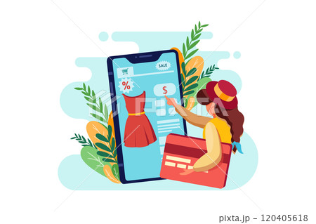 A woman buys cloth in a mobile online shop A woman buys cloth in a mobile online shop 120405618