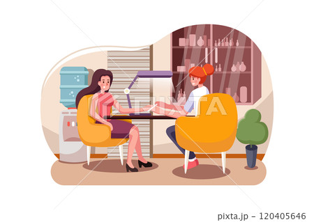 Happy smiling woman character doing manicure in beauty salon. Happy smiling woman character doing manicure in beauty salon. 120405646